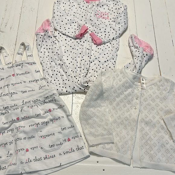 18-24m polkadot sleepers, carters too cute dress, Osh Kosh sweater,wh,pink,bl - Picture 2 of 16